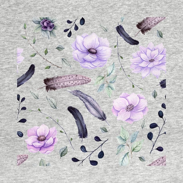 Seamless Pattern of Watercolor Feathers and Flowers by Cordata